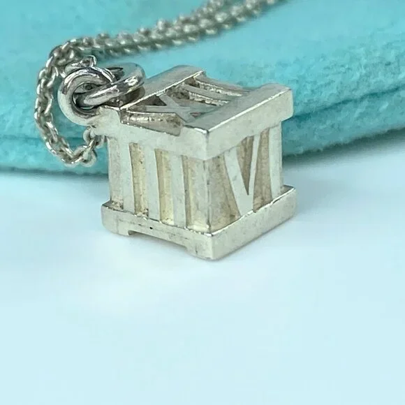 Tiffany Co Atlas Silver Roman Numerals Square Cube Pendant